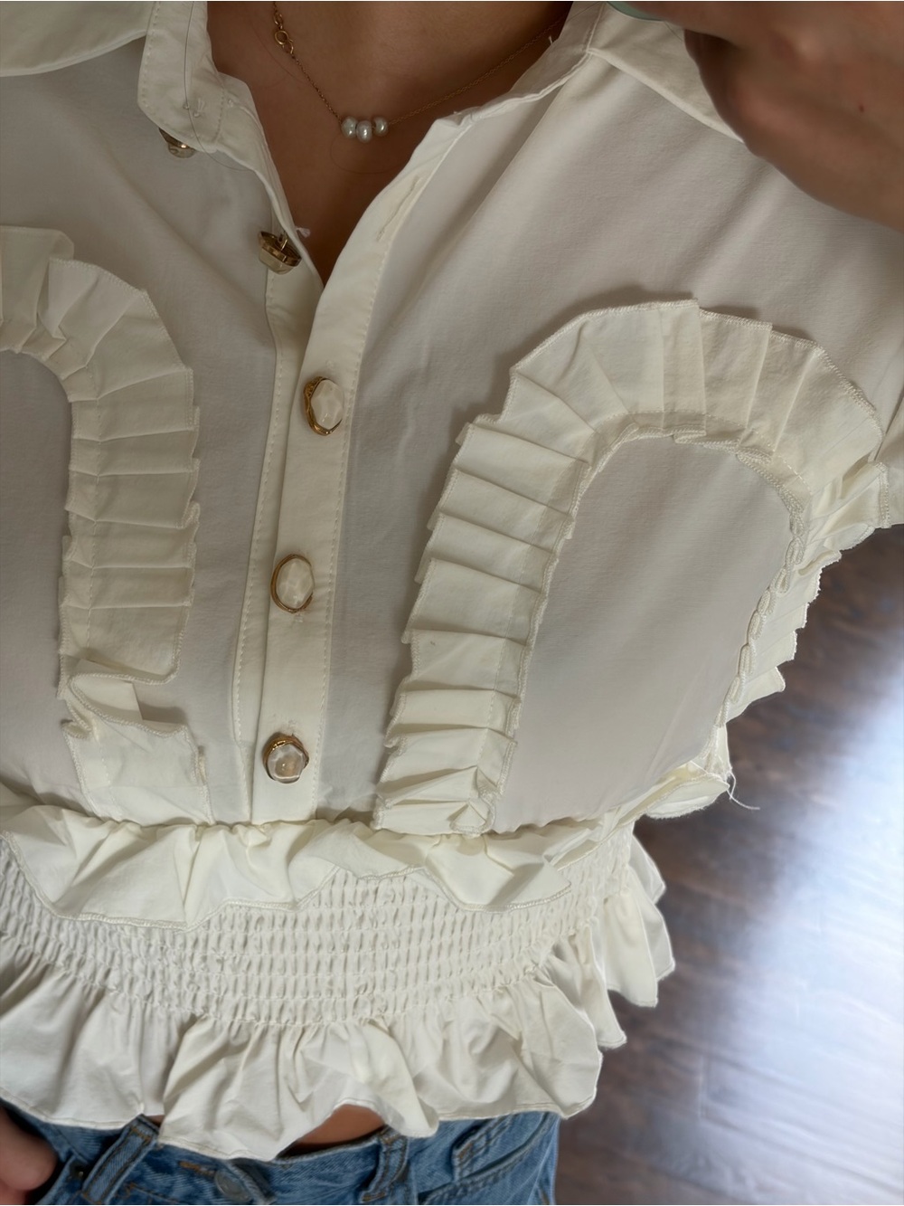 Cream Ruffled Button-Up Blouse - Picture 2 of 6
